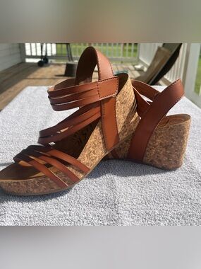 Blowfish Malibu Brown Strappy Cork Wedge Sandals